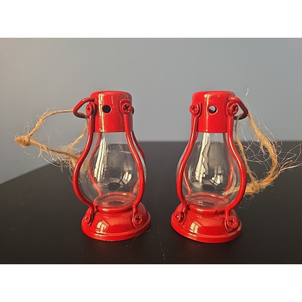 2 Miniature Mini Red Lantern Kerosene Lamp Dollhouse Garden Gnome‎ Metal